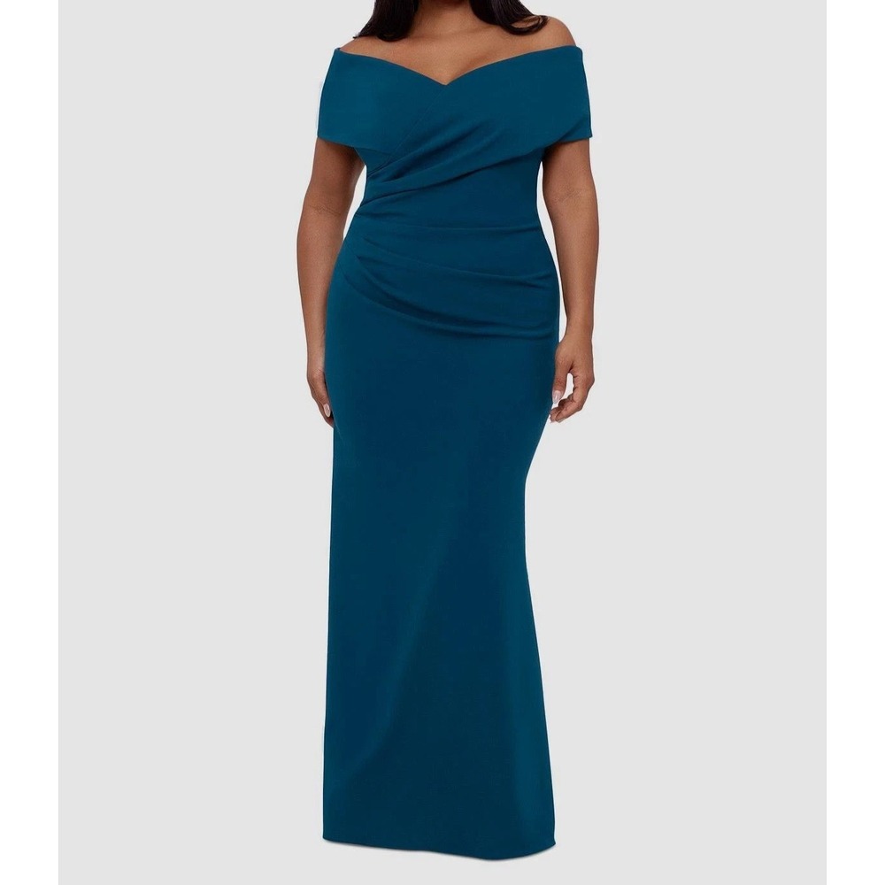 Betsy & Adam Off-Shoulder Teal Evening Gown